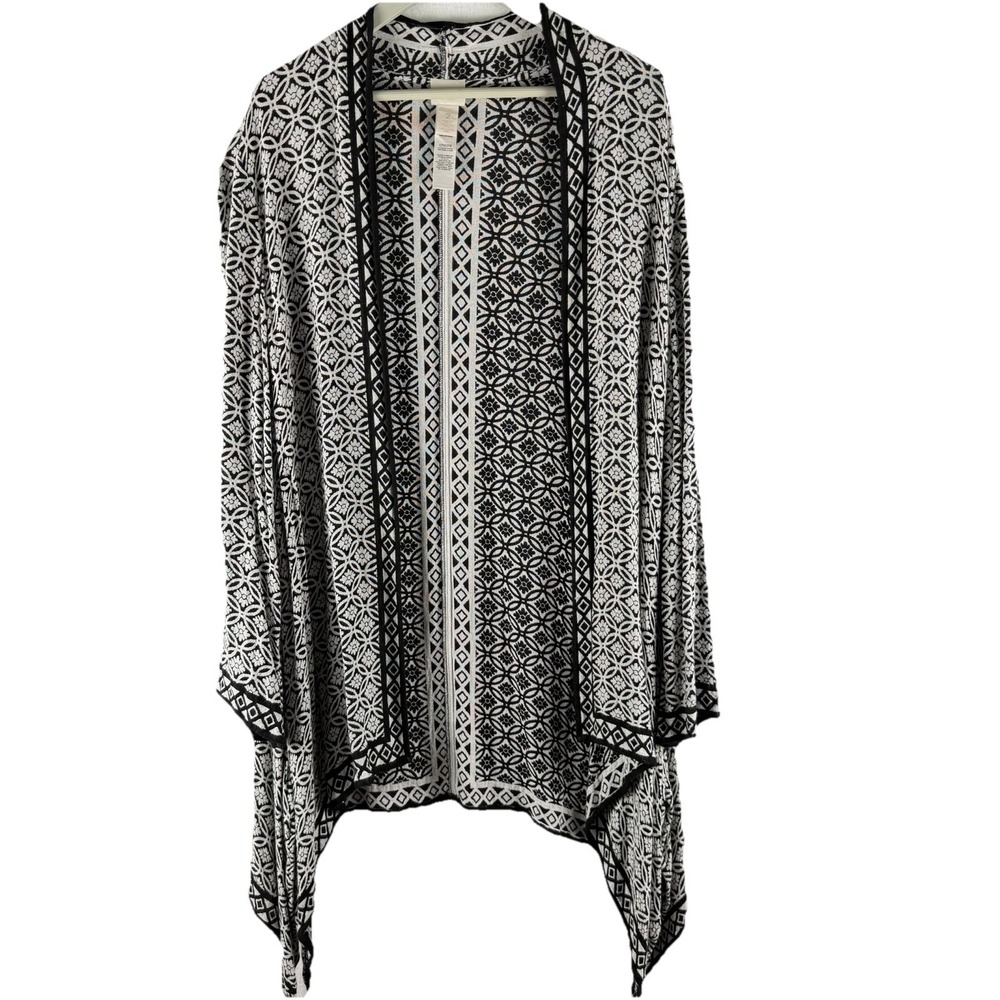 Chicos‎ Womens Long Line Cardigan Sz 2/M Black/White Geometric Graphic Print
